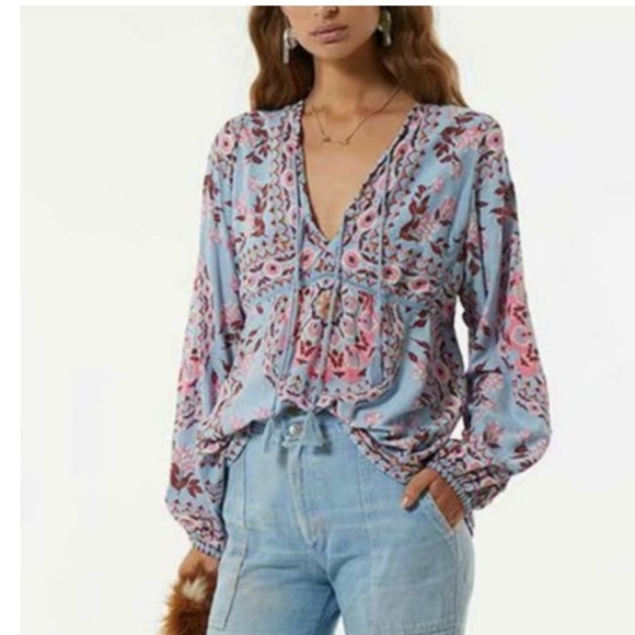 Boho gypsy lace up floral print blue top - Picture 3 of 5